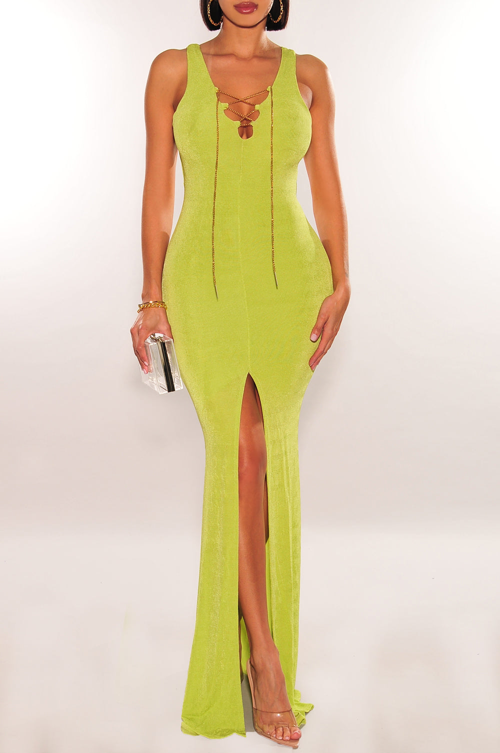 Lime Sleeveless Gold Chain Lace Up Slit Gown