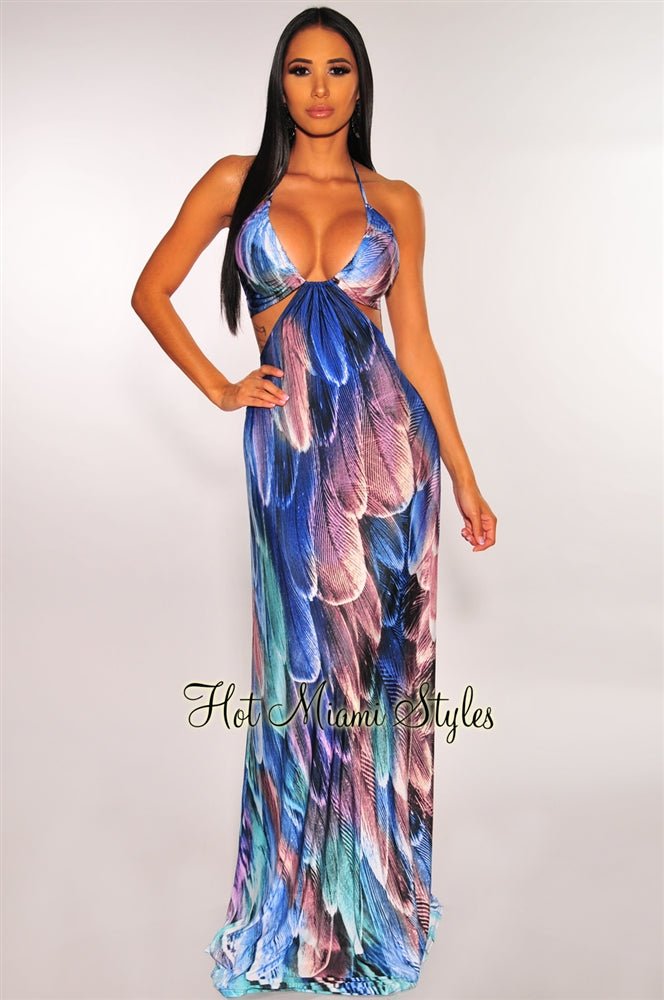 Amethyst Feather Print Cut Out Halter Maxi Dress