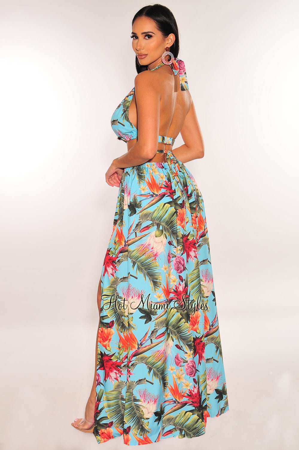 Aqua Tropical Print Padded Halter O-Ring Cut Out Slit Belted Maxi Dress