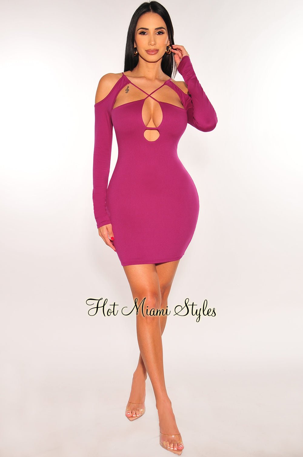 Berry Cut Out CrissCross Long Sleeve Mini Dress