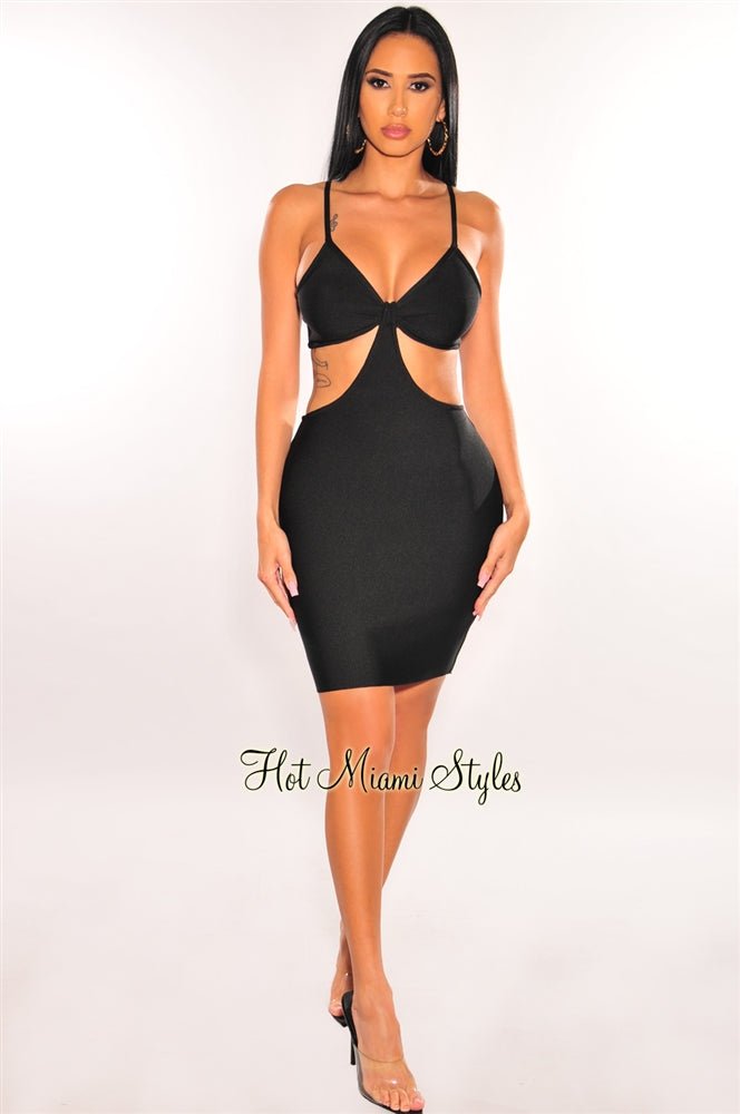 Black Bandage Spaghetti Straps Knotted Cut Out Mini Dress