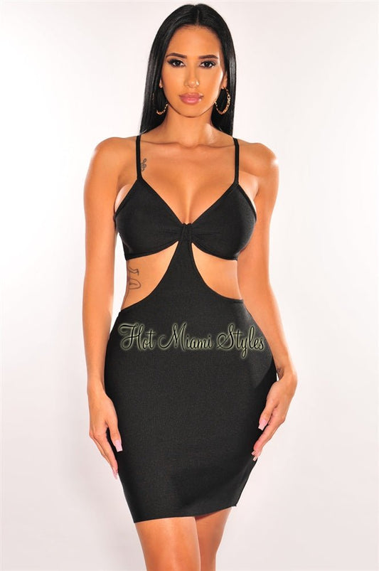 Black Bandage Spaghetti Straps Knotted Cut Out Mini Dress