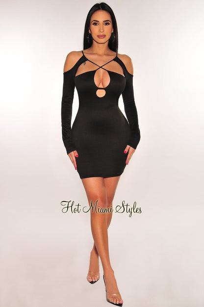 Black Cut Out CrissCross Long Sleeve Mini Dress