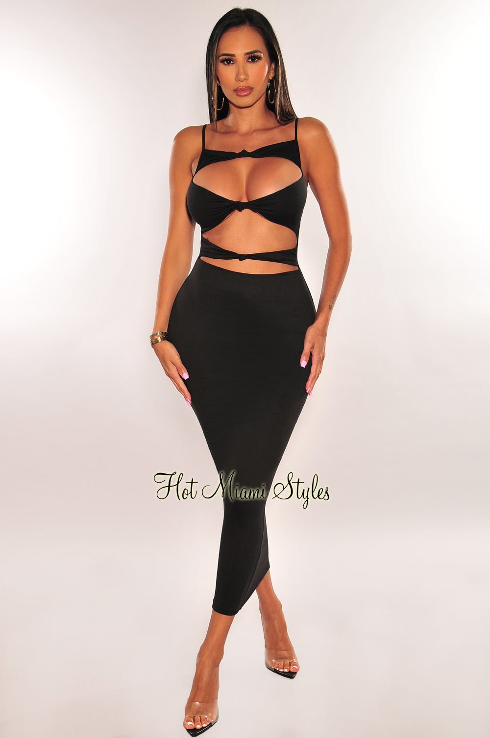 Black Cut Out Knotted Slim Fit Maxi Dress