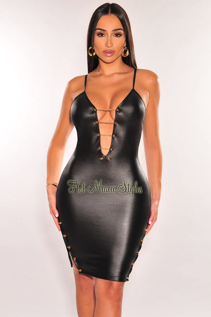 Black Faux Leather Spaghetti Strap Gold Chain Lace Up Double Slit Dress