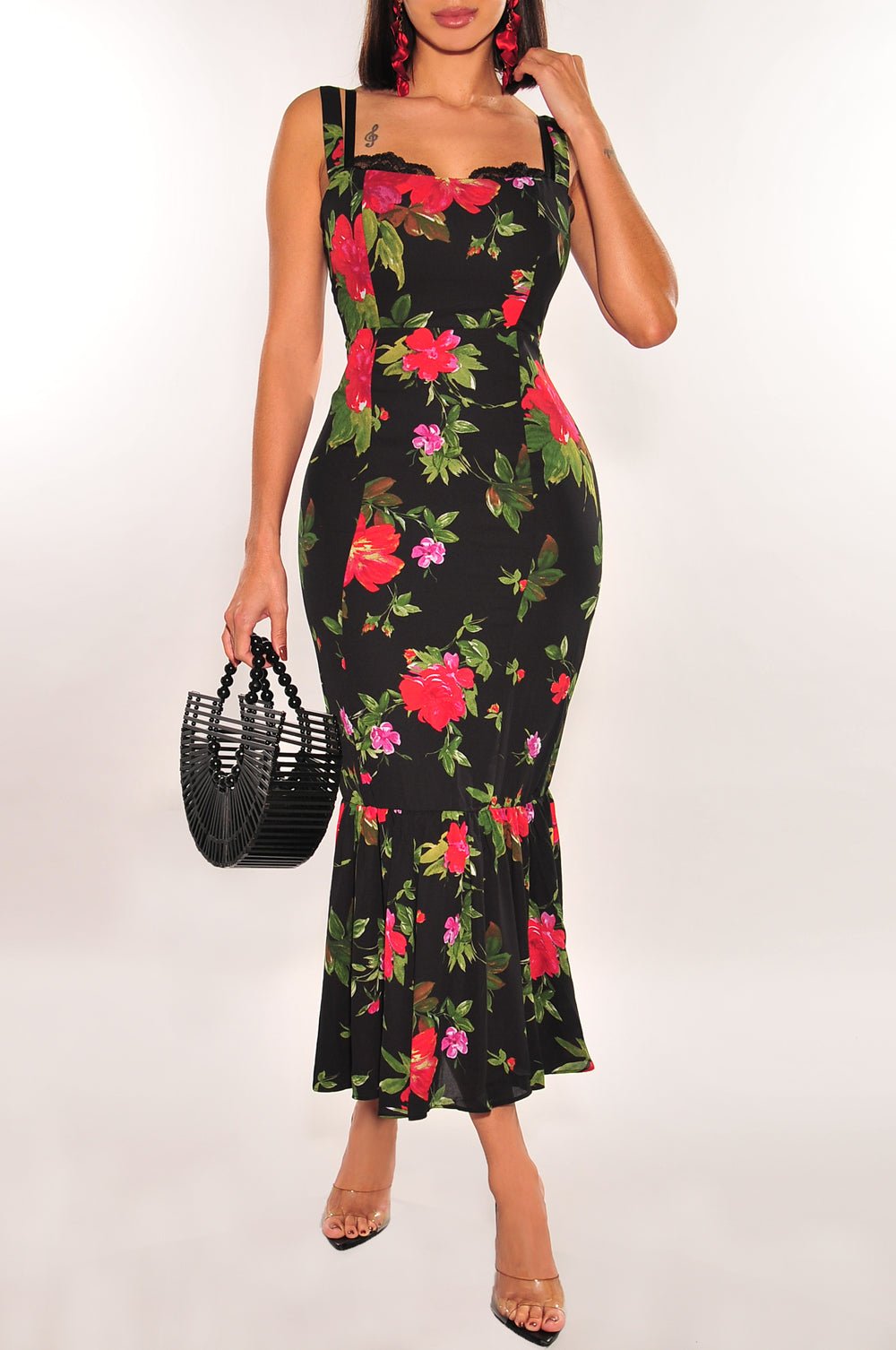 Black Floral Sleeveless Lace Mermaid Dress