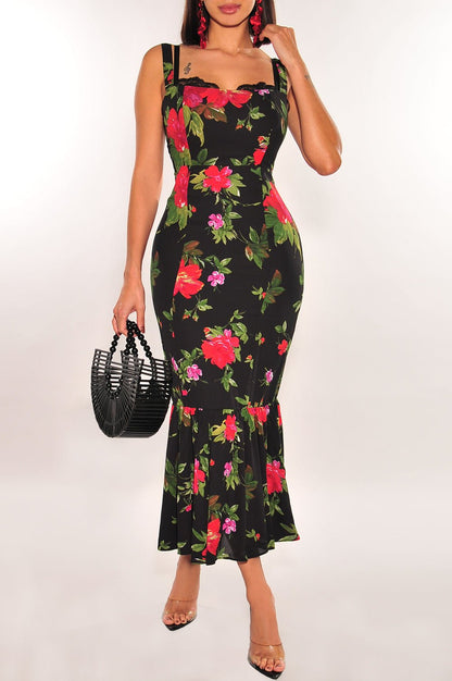 Black Floral Sleeveless Lace Mermaid Dress