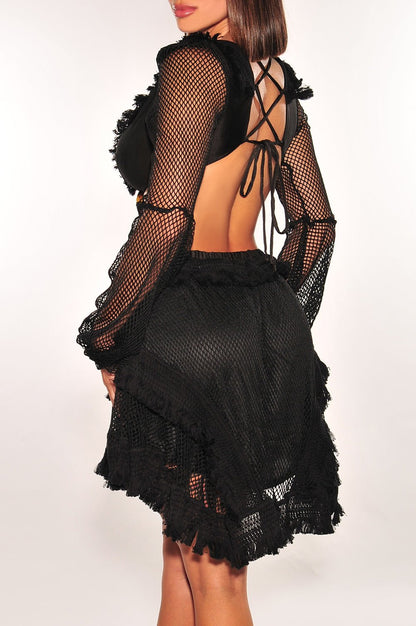 Black Fringe Cut Out Lace Up Back Long Sleeves Dress