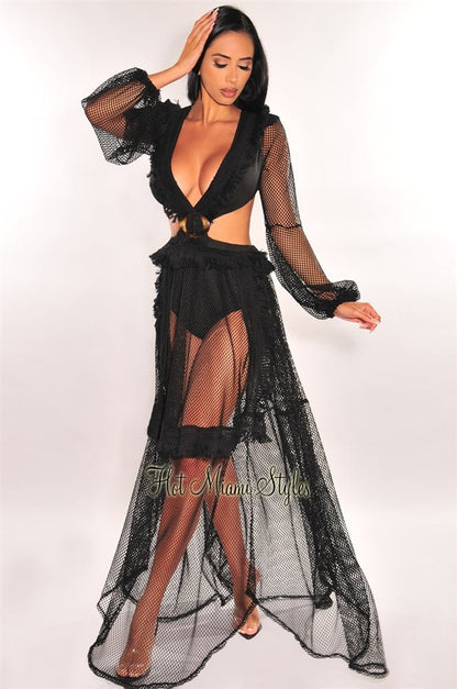 Black Fringe Cut Out Lace Up Back Long Sleeves Maxi Dress