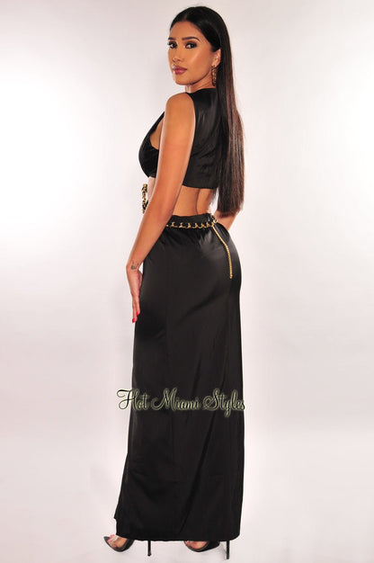 Black Gold Chain Knotted Cut Out Slit Maxi Dress