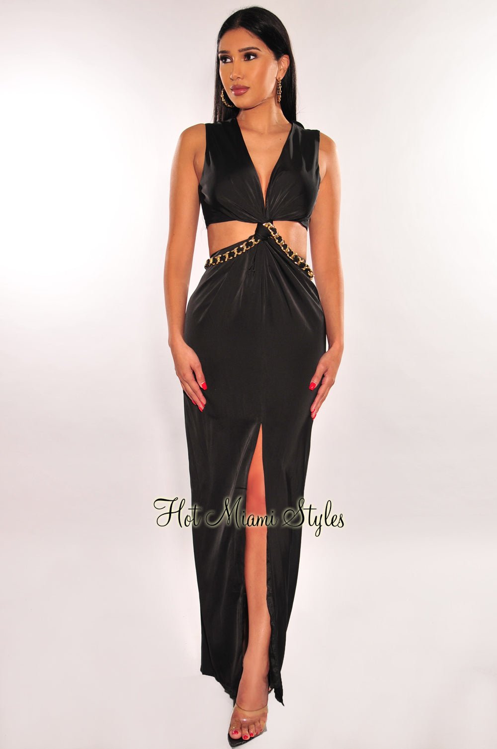 Black Gold Chain Knotted Cut Out Slit Maxi Dress