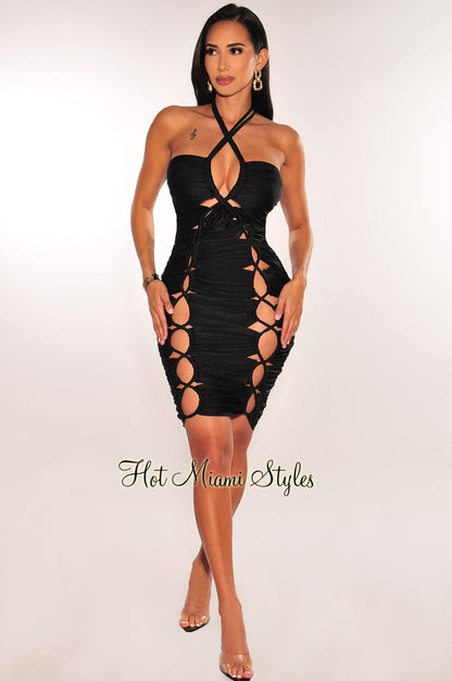 Black Halter Cut Out Rope Lace Up Dress