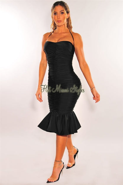 Black Halter Ruched Ruffle Hem Dress