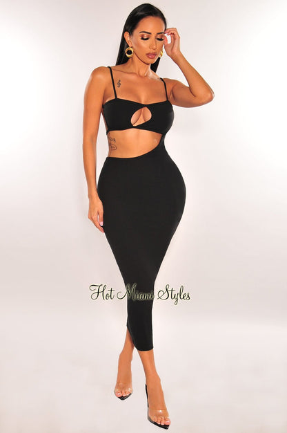 Black Keyhole Ribbed Spaghetti Straps Cut Out Strappy Dress