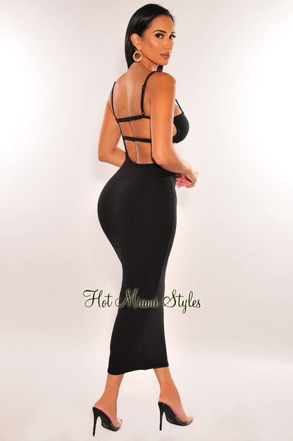 Black Keyhole Ribbed Spaghetti Straps Cut Out Strappy Dress