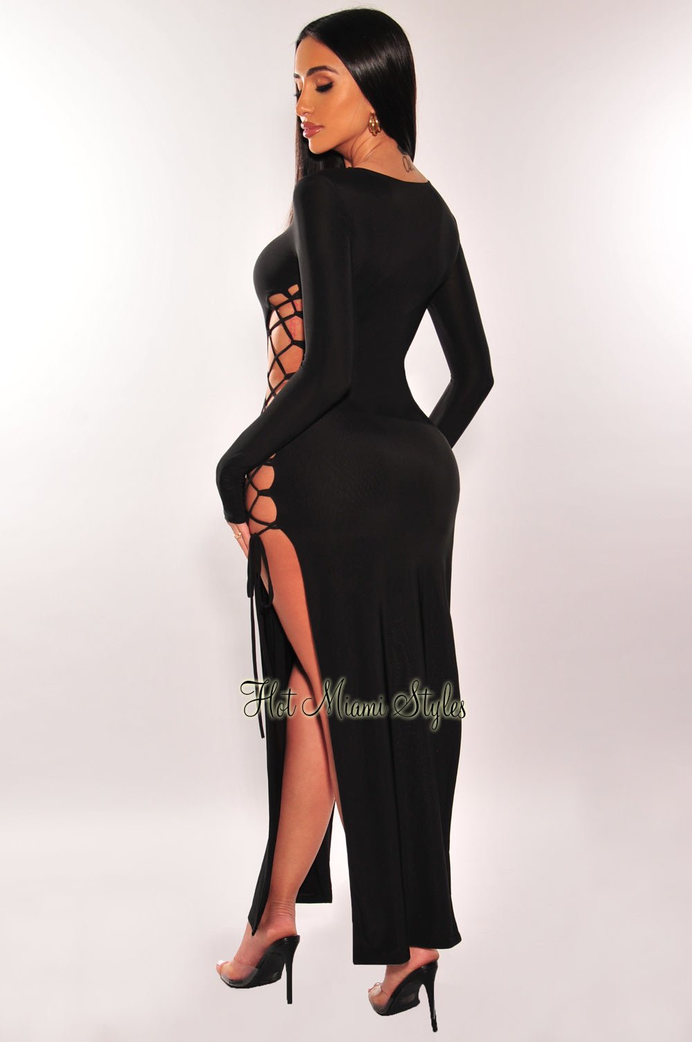 Black Lace Up Long Sleeve Double Slit Dress