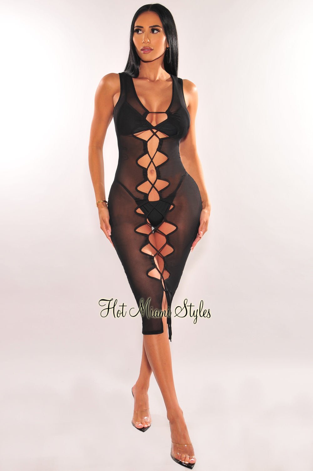 Black Mesh Sheer Lace Up Sleeveless Cover Up Dress