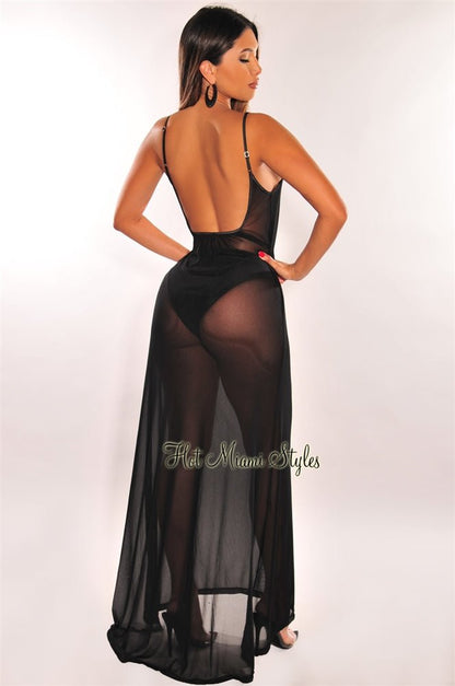 Black Mesh Sheer Spaghetti Straps Maxi Dress Cover Up