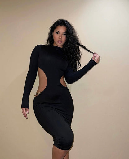 Black Mock Neck Gold Chain Cut Out Long Sleeve Dress