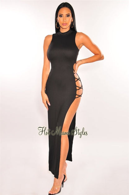 Black Mock Neck Lace Up Double Side Slit Dress