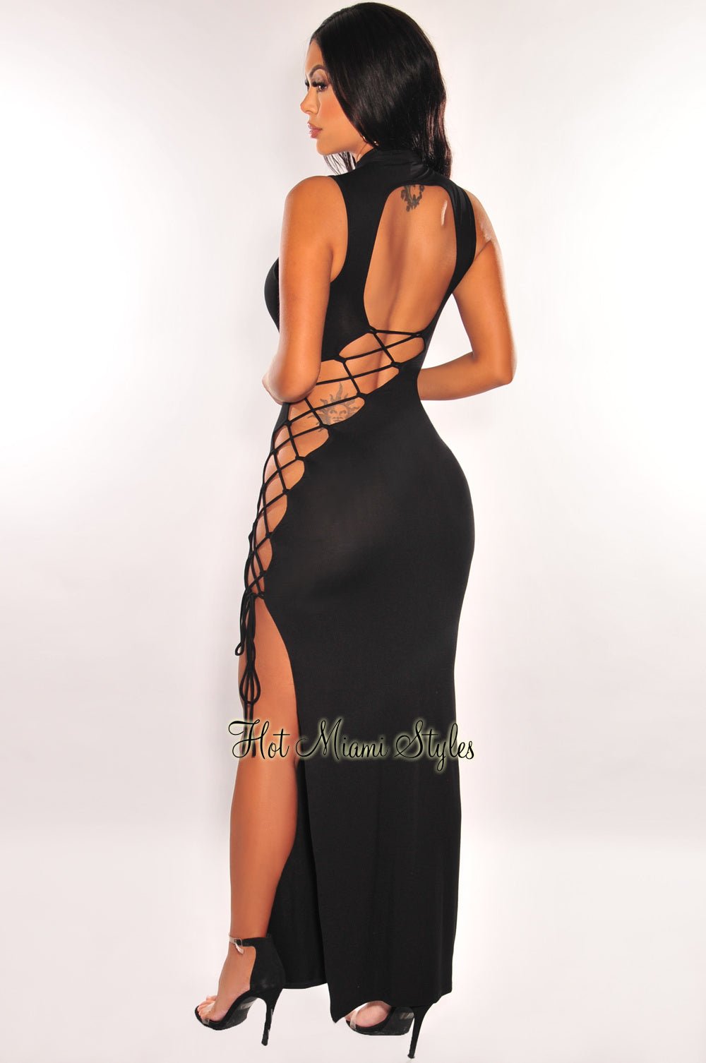 Black Mock Neck Sleeveless Lace Up Back Dress