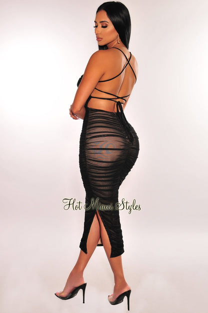 Black Nude Mesh Lace Up Back Ruched Slit Midi Dress