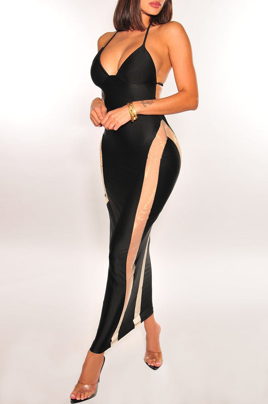 Black Nude Sheer Mesh V Neck Halter Dress