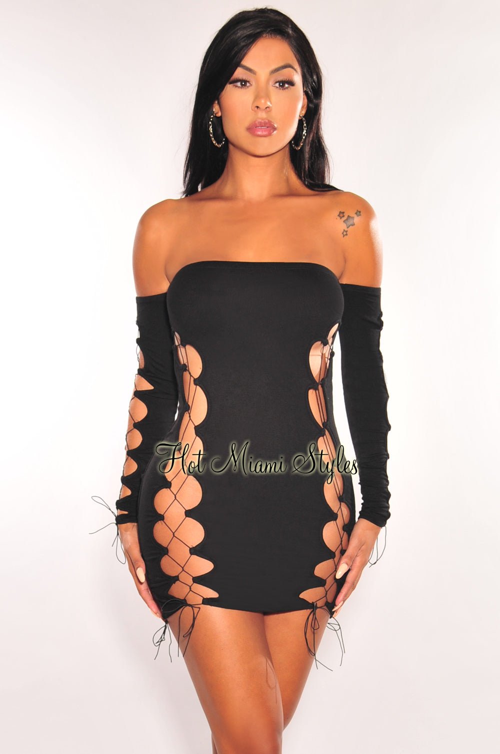 Black Off Shoulder Long Sleeve Lace Up Mini Dress