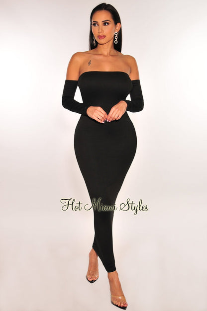 Black Off Shoulder Long Sleeve Scrunch Butt Open Back Midi Dress