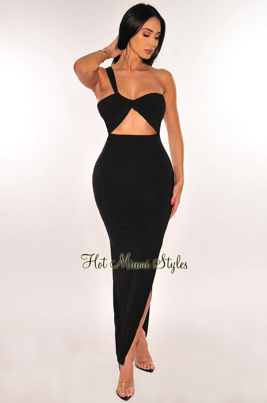 Black One Shoulder Cut Out Slit Maxi Dress