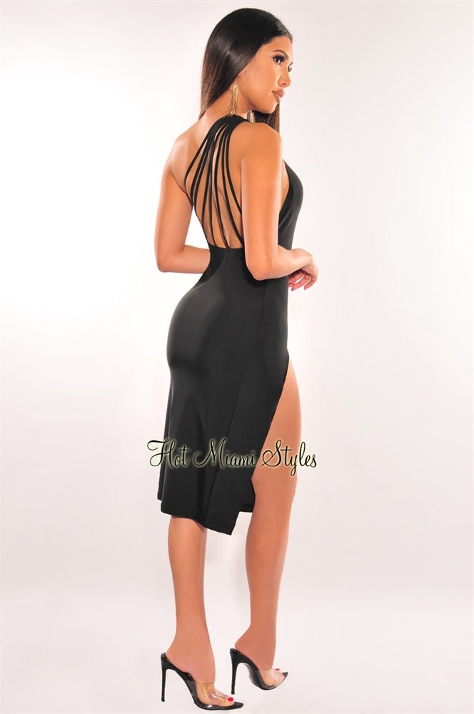 Black One Shoulder Strappy Back Slit Dress