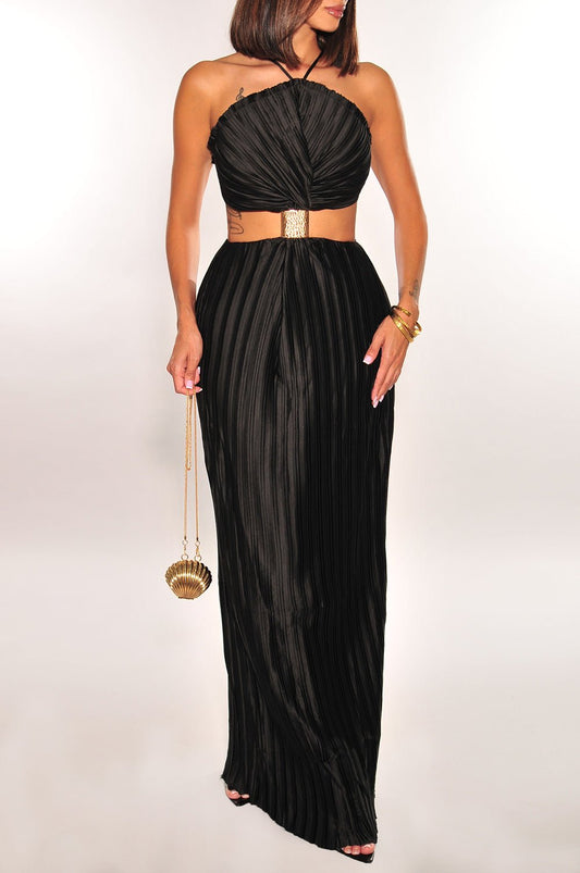 Black Pleated Halter Gold Cuff Strappy Cut Out Maxi Dress