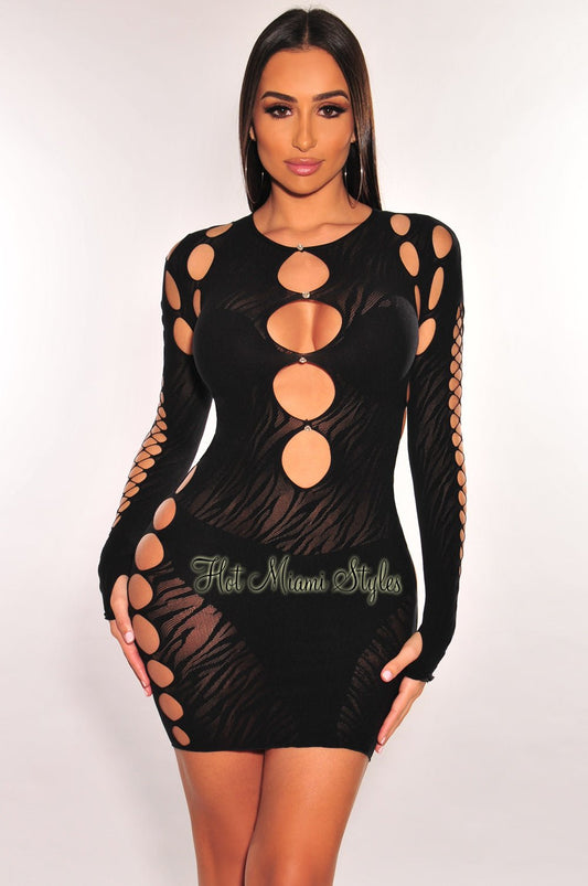 Black Rhinestone Cut Out  Long Sleeve Seamless Dress