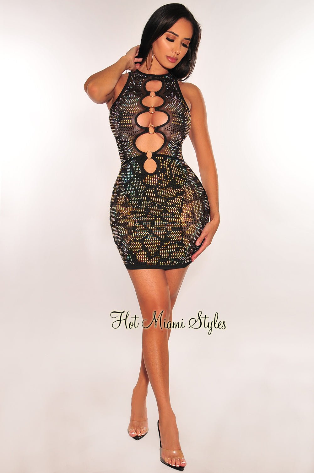 Black Rhinestone Mesh O Ring Cut Out Sleeveless Dress