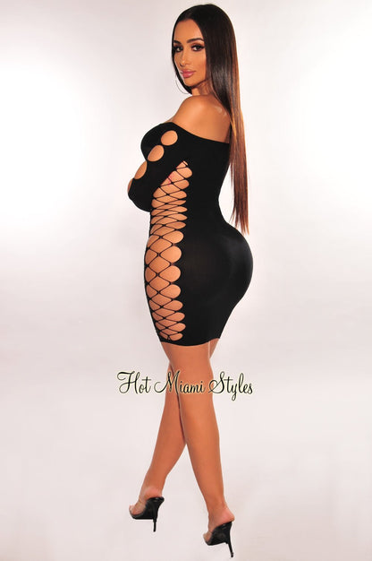 Black Rhinestone Off Shoulder Cut Out Seamless Dress