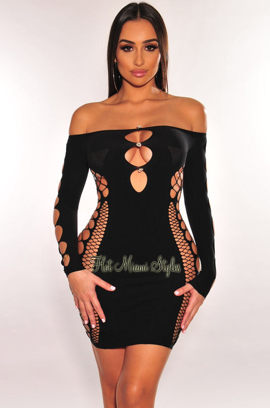 Black Rhinestone Off Shoulder Cut Out Seamless Dress