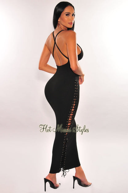 Black Ribbed Knit Criss Cross Back Lace Up Side Maxi Dress