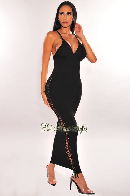 Black Ribbed Knit Criss Cross Back Lace Up Side Maxi Dress