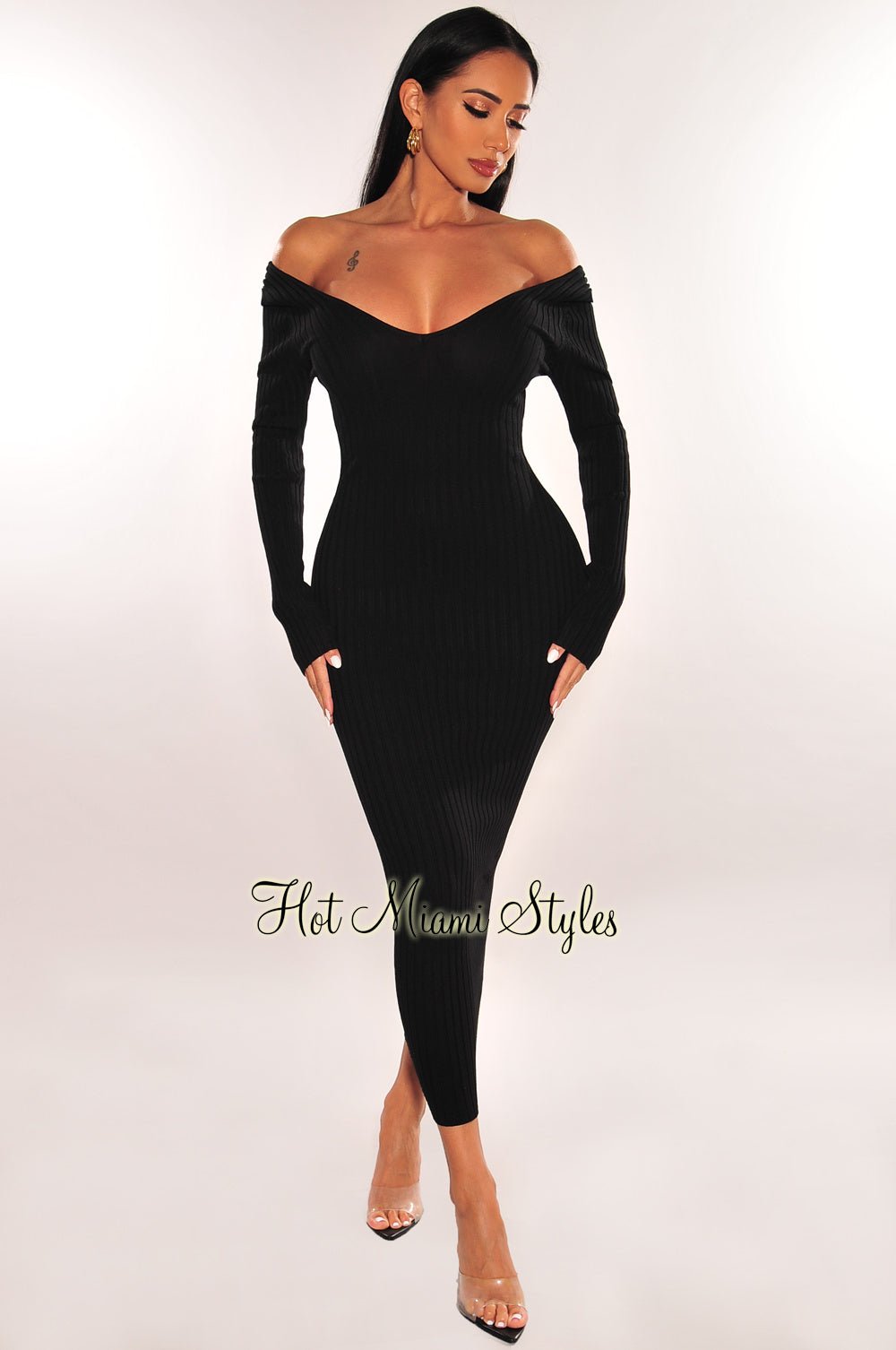 Black Ribbed Knit Long Sleeves Dress