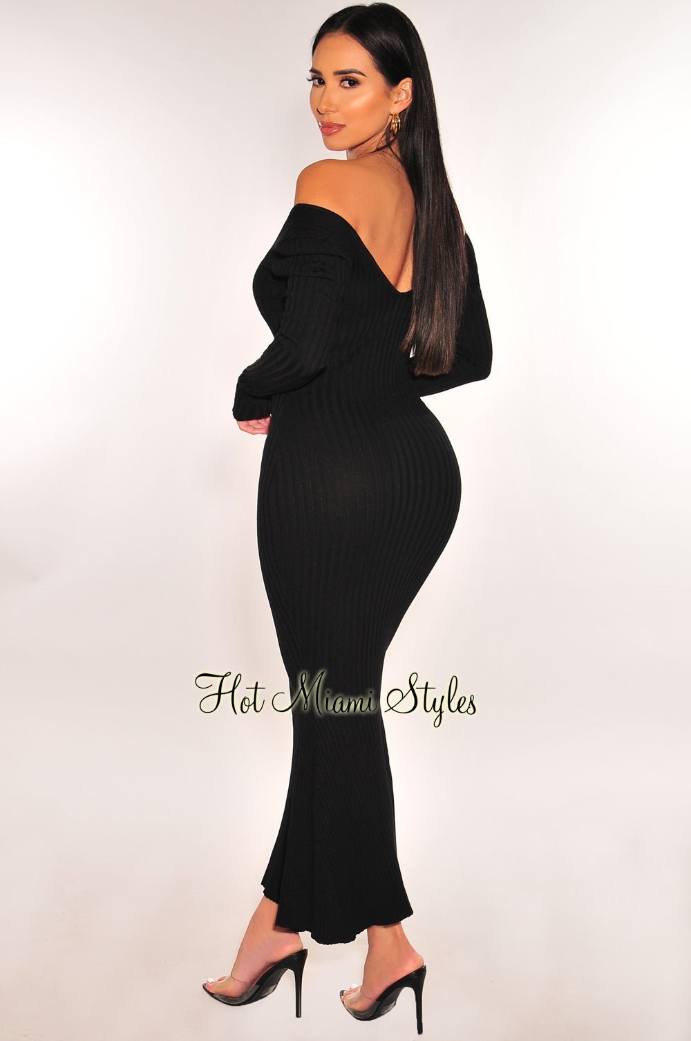 Black Ribbed Knit Long Sleeves Mermaid Dress