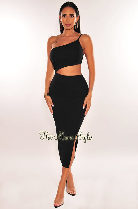 Black Ribbed Knit One Shoulder Cut Out Slit Dress