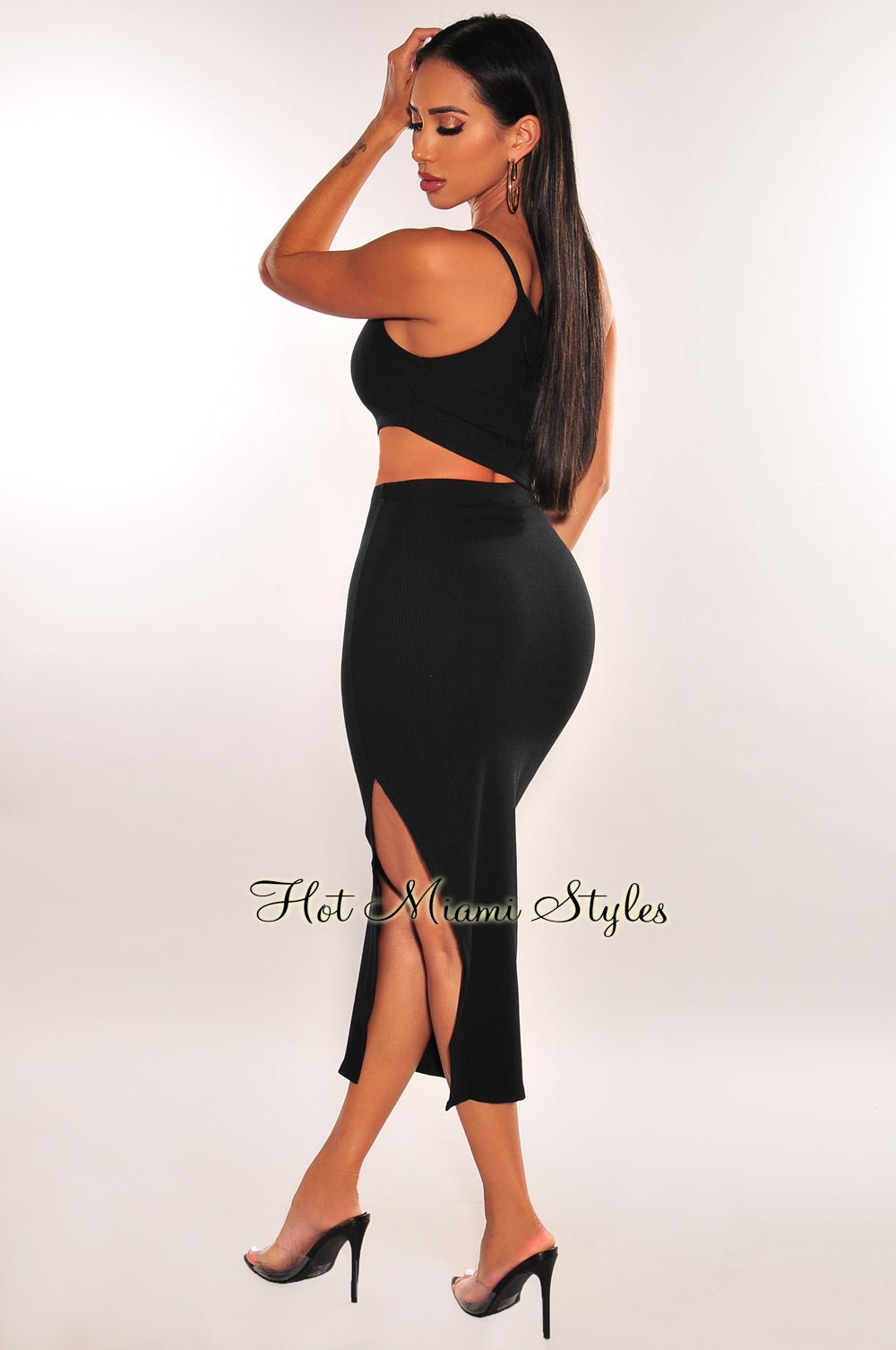 Black Ribbed Knit One Shoulder Cut Out Slit Dress