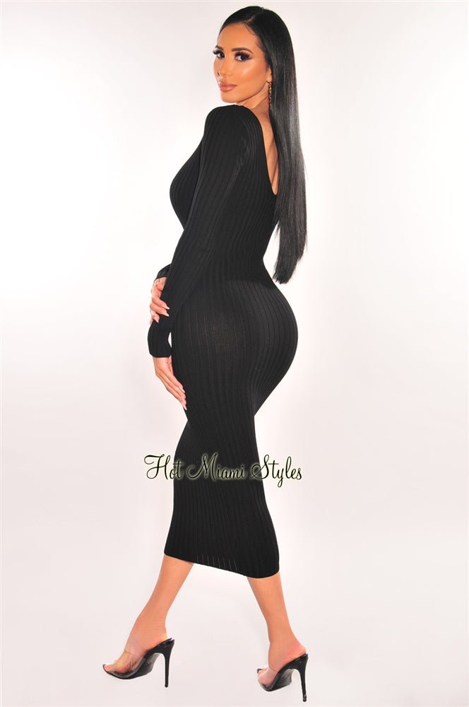 Black Ribbed Knit Plunge Neck Long Sleeve Midi Dress + Bralette