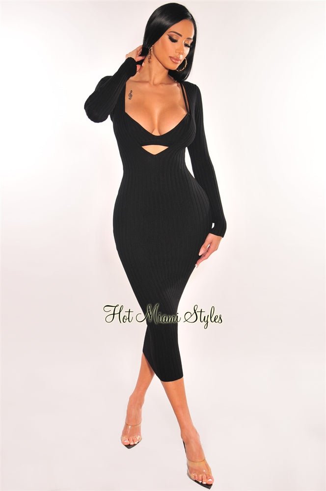 Black Ribbed Knit Plunge Neck Long Sleeve Midi Dress + Bralette