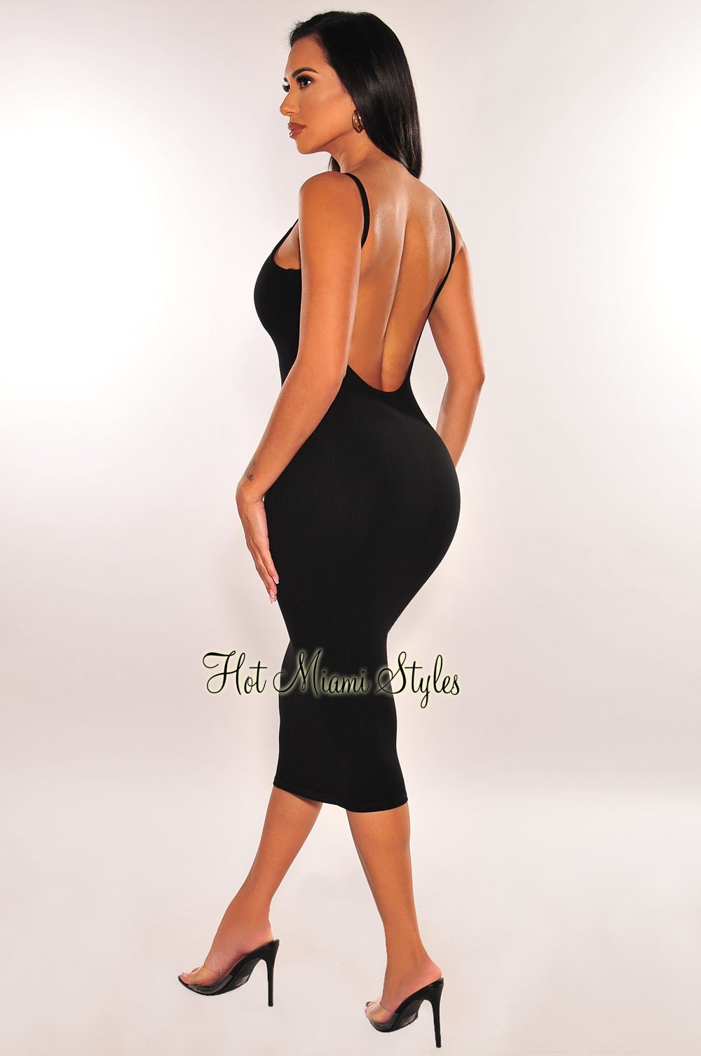 Black Ribbed Knit Spaghetti Straps Scoop Back Midi Dress