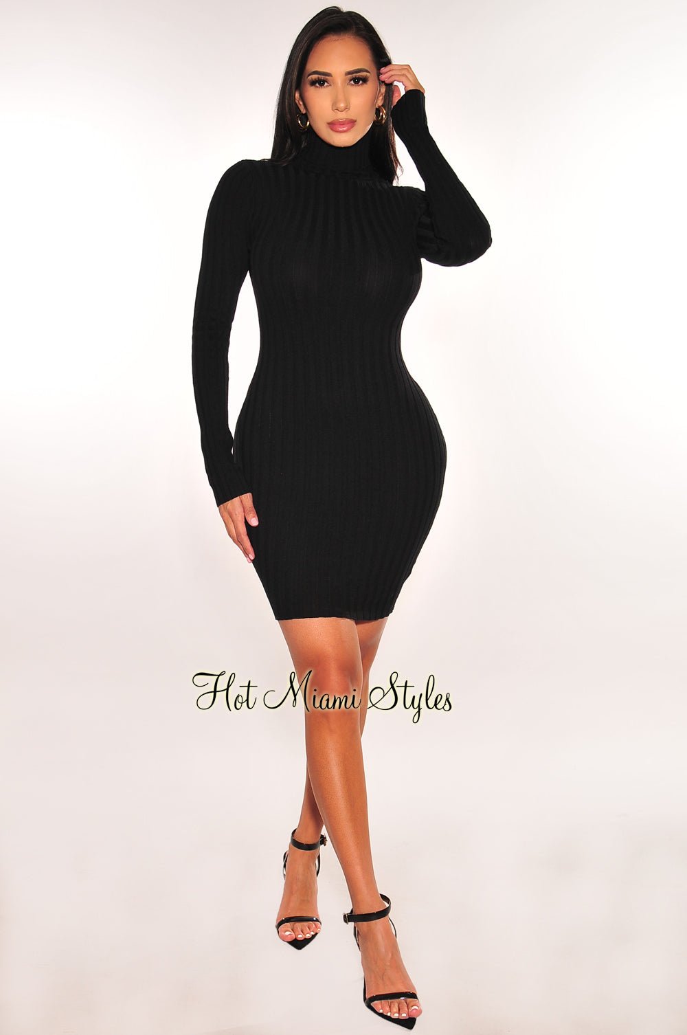 Black Ribbed Long Sleeves Turtleneck Dress