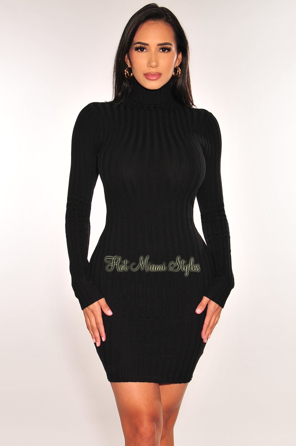 Black Ribbed Long Sleeves Turtleneck Dress