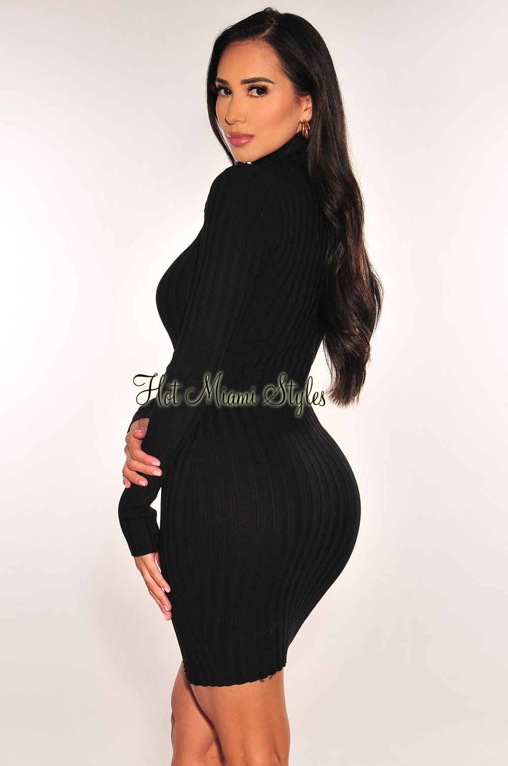 Black Ribbed Long Sleeves Turtleneck Dress