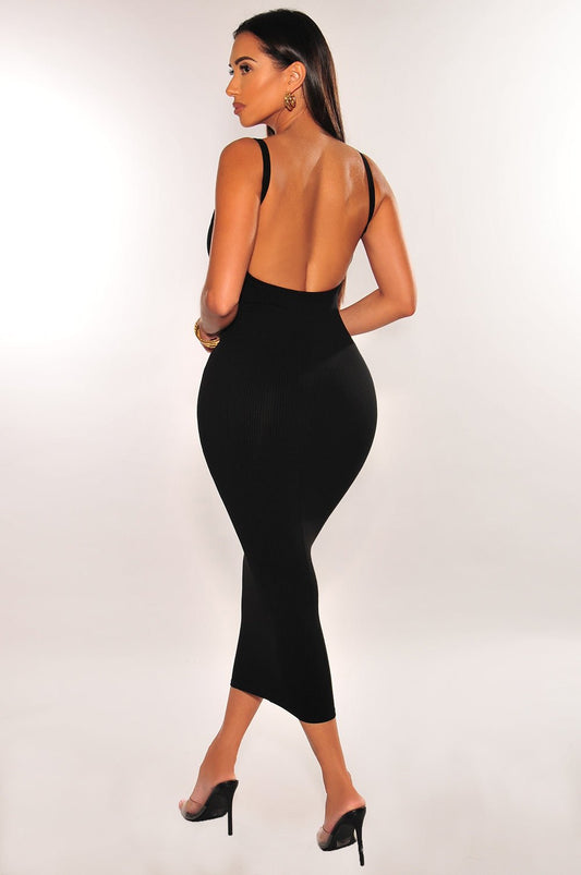 Black Ribbed Spaghetti Strap Sleeveless Open Back Midi Dress