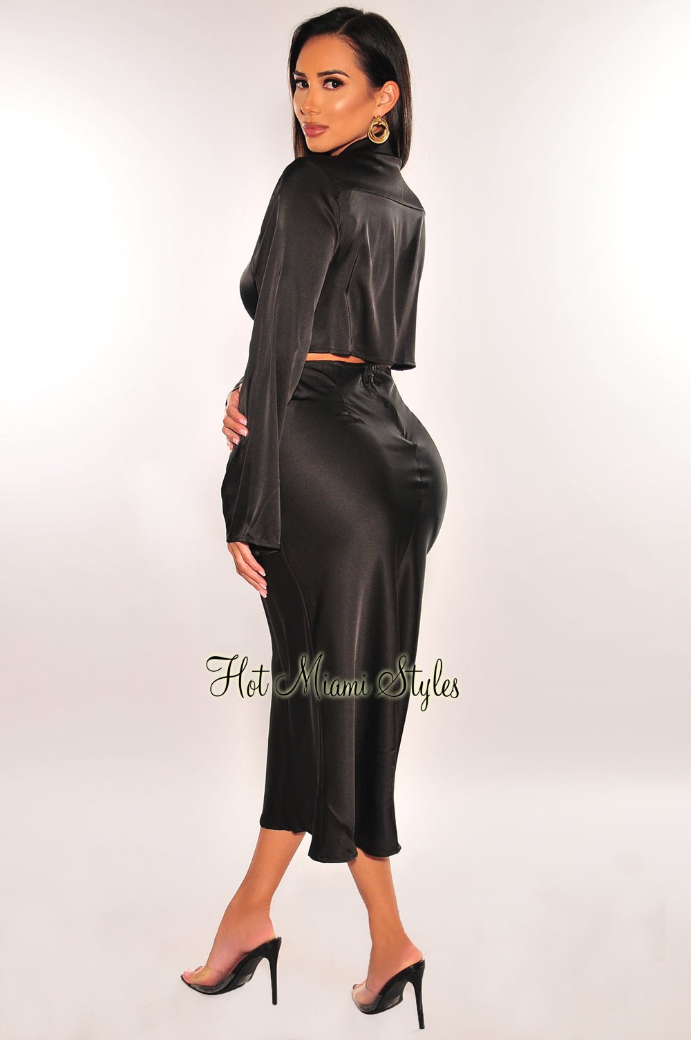 Black Satin Collared Tie Up Long Sleeves Cut Out Maxi Dress